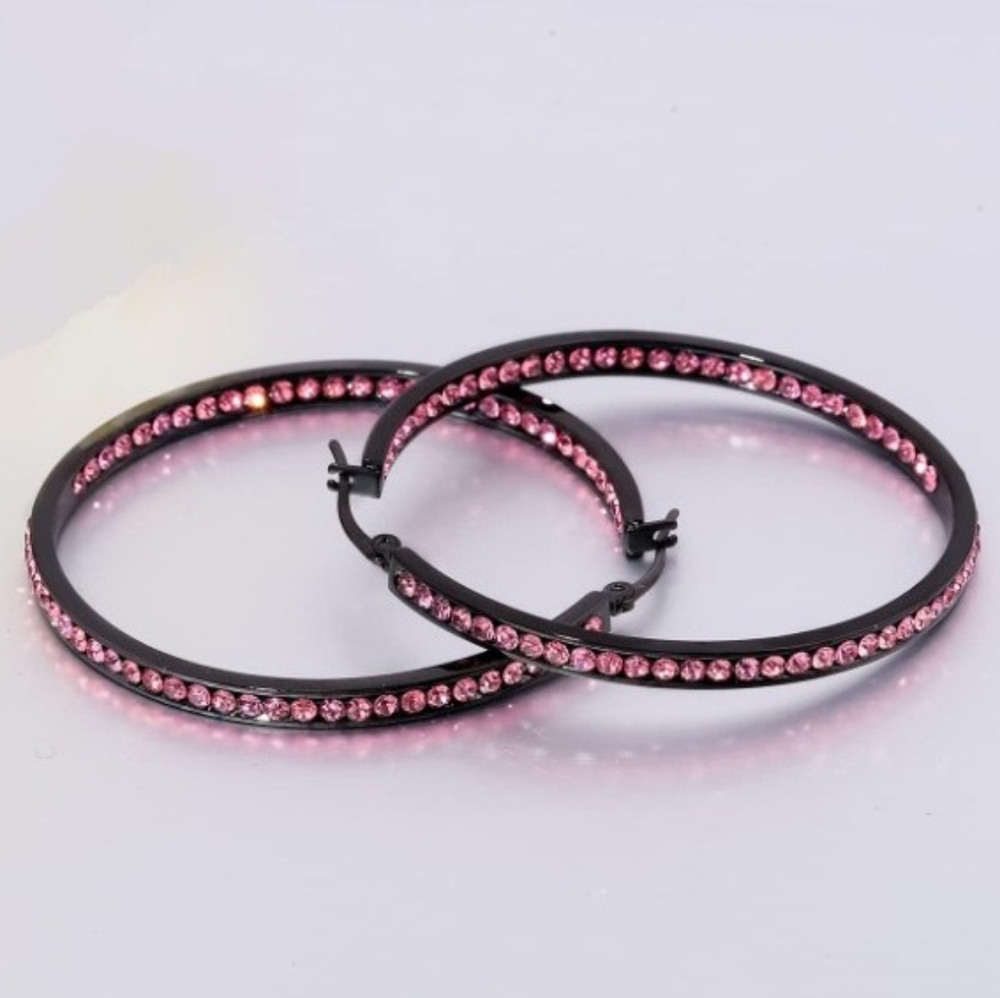 Black Metal Pink Rhinestone Hoop Earrings Faceted Crystal Channel Hoops Sparkle